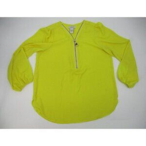Carmen Marc Valvo Womens Large Top Yellow Sheer 1/2 Zip Front Bright Colorful